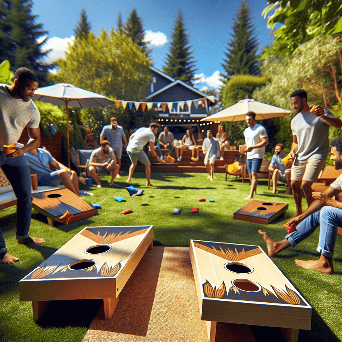 "A vibrant backyard scene on a sunny day, featuring a high-quality Cornhole game set as the central focus. The wooden boards have a sleek finish, decorated with colorful graphics and positioned at a slight angle. The bags are brightly colored and mid-air, as players toss them towards the hole. In the background, friends and family are gathered, laughing and enjoying the game, surrounded by lush green grass, trees, and patio furniture. The overall vibe is lively, relaxed, and fun, perfect for outdoor gatherings."