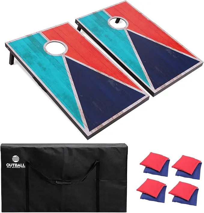 The Outball Premium Cornhole Board Set features solid wood construction, includes eight bean bags, and is perfect for outdoor gatherings and fun.