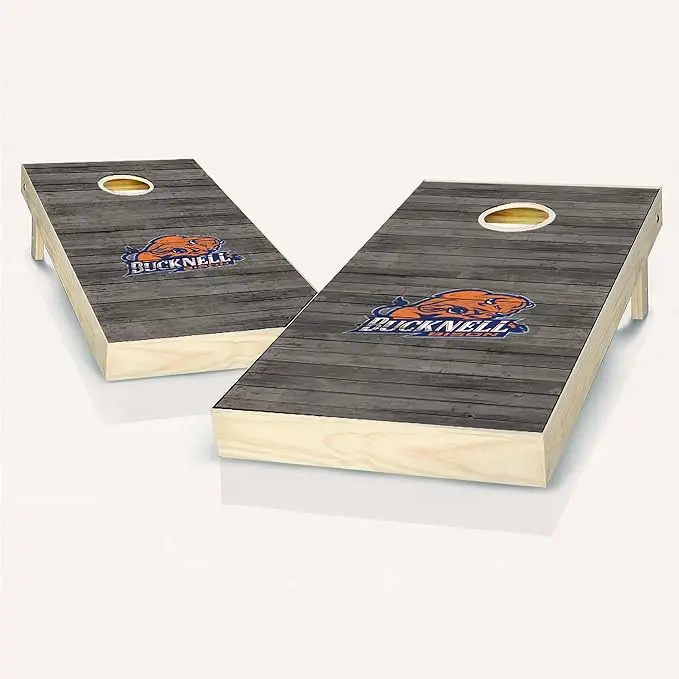 The Distressed Wood Grain Cornhole Boards feature a rustic design, durable construction, and come with eight bean bags for outdoor entertainment.