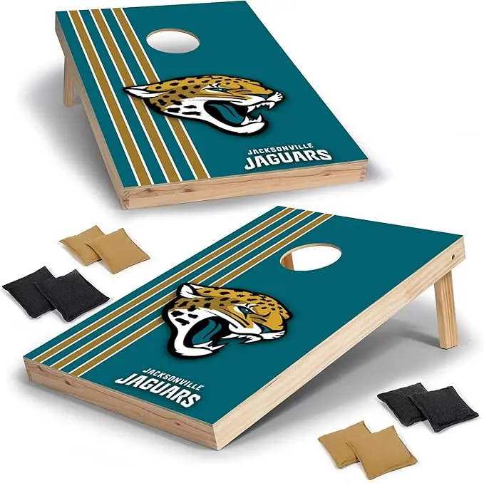 he Wild Sports NFL Themed Cornhole Set features vibrant team graphics, durable boards, eight bean bags, and is perfect for tailgating and backyard fun.