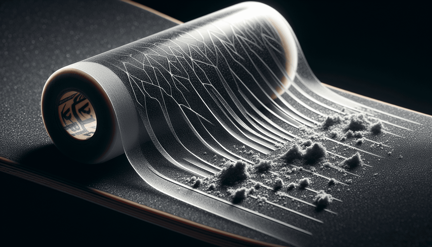 A close-up shot of a skateboard deck with clear grip tape. The focus should be on the texture and detail of the grip tape, highlighting its transparency and the unique patterns it creates. Consider including elements like dust, dirt, or even a small skateboarder's footprint to add realism and show how the grip tape interacts with its environment.  Additional Tips:  Use high-quality lighting: Ensure the clarity and detail of the grip tape are visible. Experiment with angles: Try different angles and perspectives to showcase the grip tape's texture and patterns. Consider macro photography: A macro lens can provide extremely detailed shots of the grip tape's surface. Include a contrasting background: A dark or textured background will help the grip tape stand out. By focusing on the details of the grip tape, you can create compelling images that emphasize its unique qualities and appeal to skateboarders who appreciate both function and aesthetics.