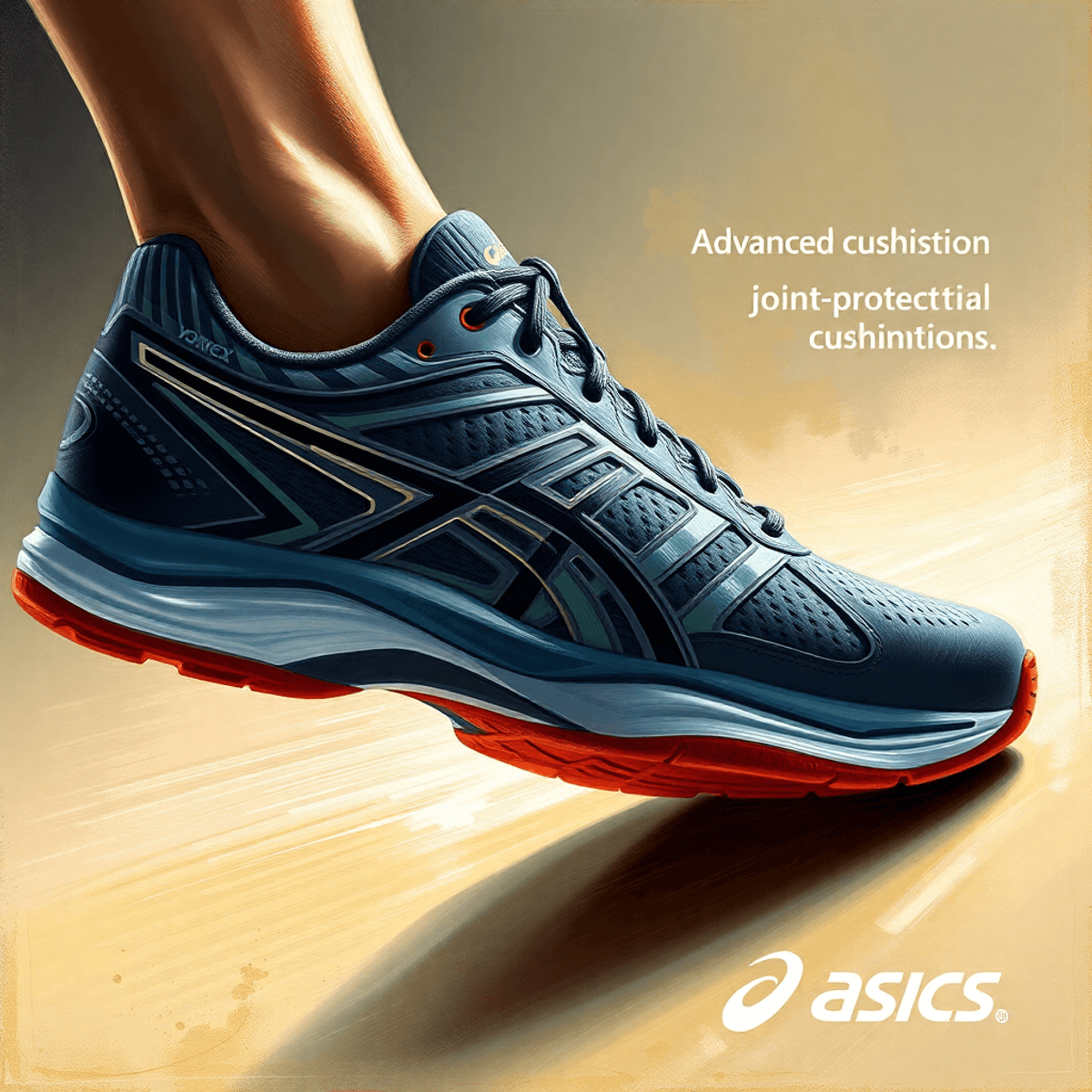 Cushioning Systems Prompt: Create an image of a high-end badminton shoe showcasing its advanced cushioning system. Highlight the cushioning material with a close-up view, illustrating how it absorbs shock from jumps and fast movements, protecting joints. Include branding elements from companies like Yonex and Asics to emphasize quality.