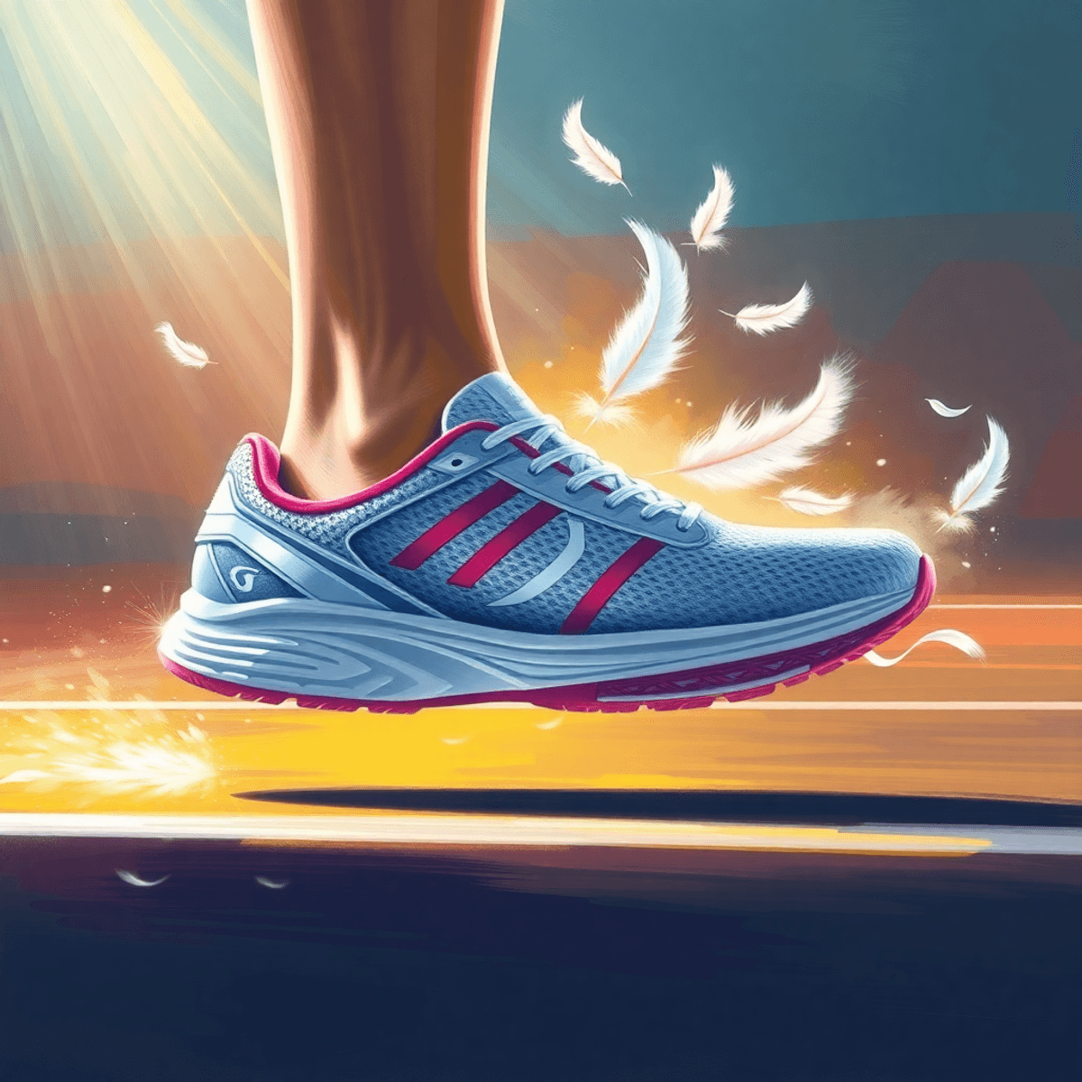 Lightweight Materials Prompt: Generate an image of a lightweight badminton shoe featuring breathable mesh uppers. Show the shoe in action on a court, emphasizing agility and speed. Include visual elements that convey lightness, such as feathers or light rays, to symbolize reduced fatigue during matches.