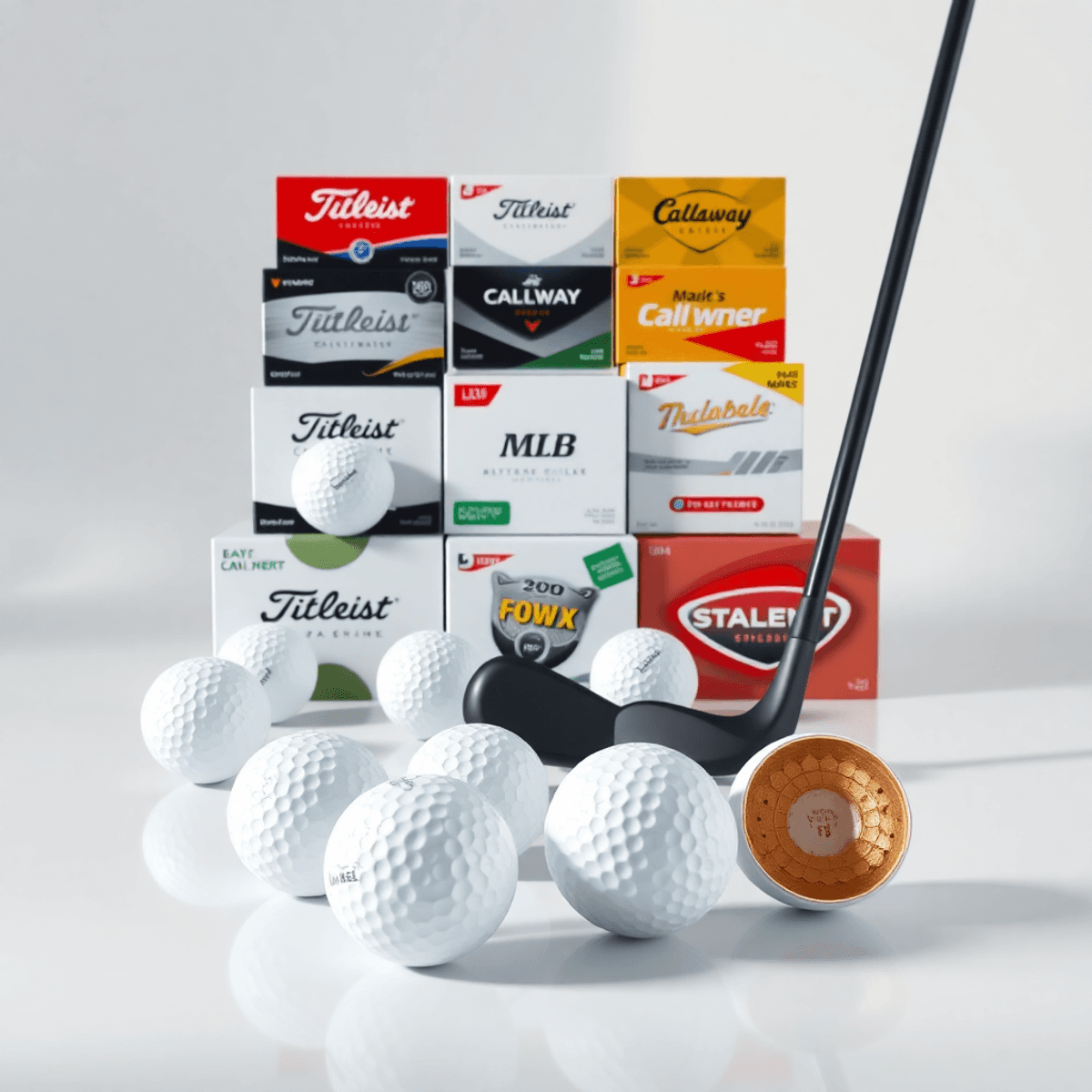 A pristine white studio with soft, diffused lighting, displaying an elegant arrangement of 2024's most popular beginner golf balls. Multiple golf ball boxes are artfully stacked in a pyramid formation, featuring brands like Titleist, Callaway, and TaylorMade. Each box shows clear branding and technical specifications. In the foreground, several golf balls are strategically placed, some whole and some cut in half to reveal their internal layers. A professional golf club leans against the display, adding perspective and scale. The scene includes subtle shadows and reflections on a glossy white surface, with a soft gradient background. High-resolution product photography style with crisp details and perfect focus on the golf ball textures and dimple patterns. The composition follows the rule of thirds with professional studio lighting creating gentle highlights on the spherical surfaces.